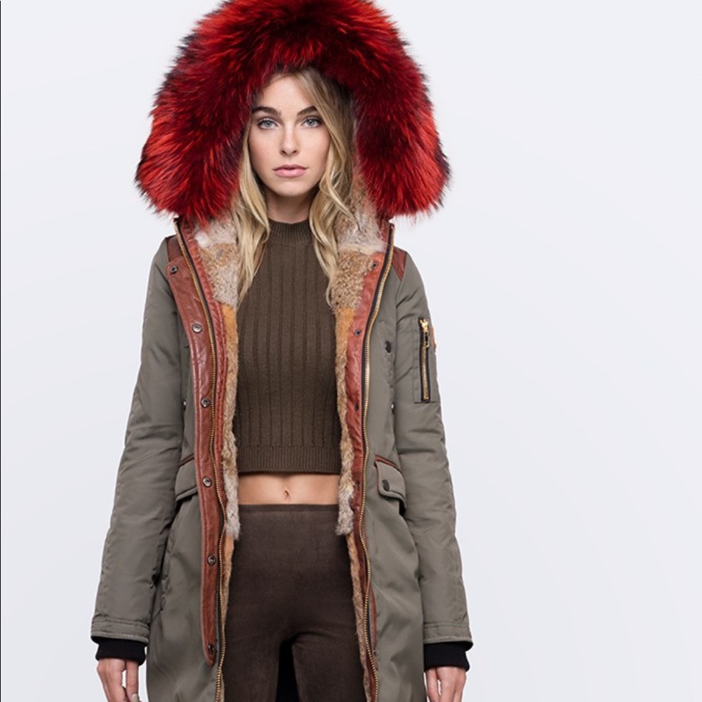 Exc Cond. Nicole Benisti Red Fur hood Olive Puffer luxury Coat szM (mid thigh)